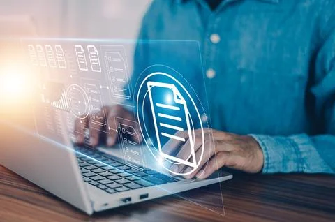 Document management concept, Businessman using computer to document managem.. Stock Photos