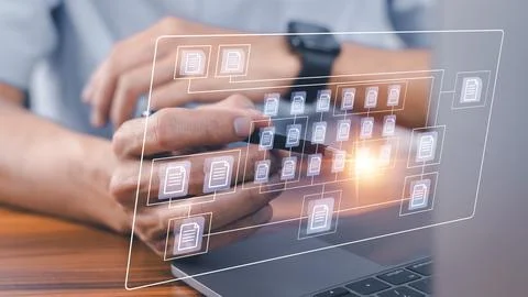 Document management concept, Businessman using computer to document managem.. Stock Photos