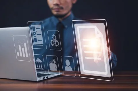 Document management concept, Businessman using computer to document managem.. Stock Photos