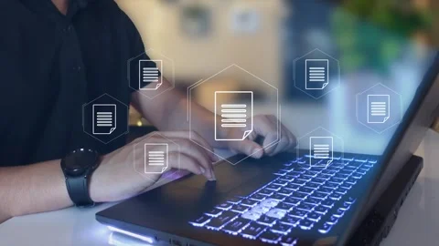 Document management concept with icons on virtual screen Stock Footage 290068196