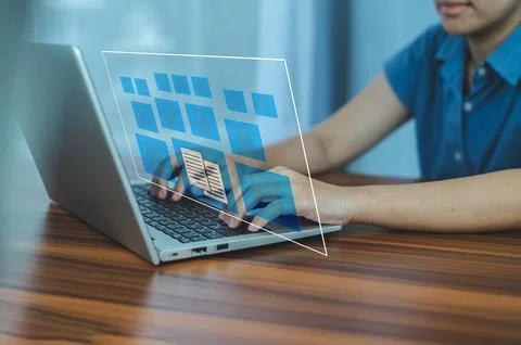 Document management concept with icons on virtual screen, ERP Document Mana.. Stock Photos