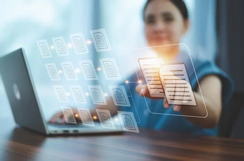 Document management concept with icons on virtual screen, ERP Document Mana.. Stock Photos