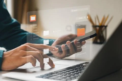 Document management concept. Virtual screen icons Document Management System. Foto stock