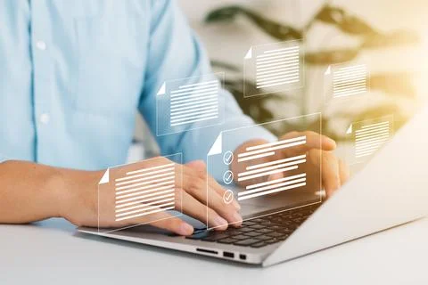 Document management concept. Virtual screen icons Document Management System  Stock Photos