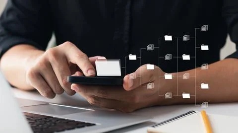 Document management concept. Virtual screen icons Document Management System  Stock Photos