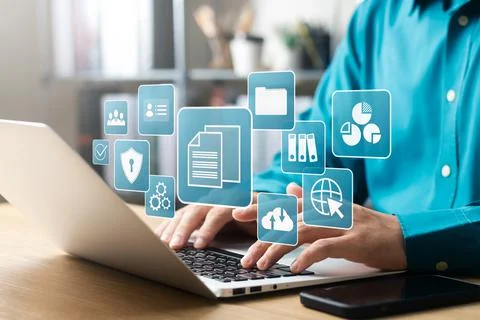 Document management concept. Virtual screen icons Document Management System  Stock Photos