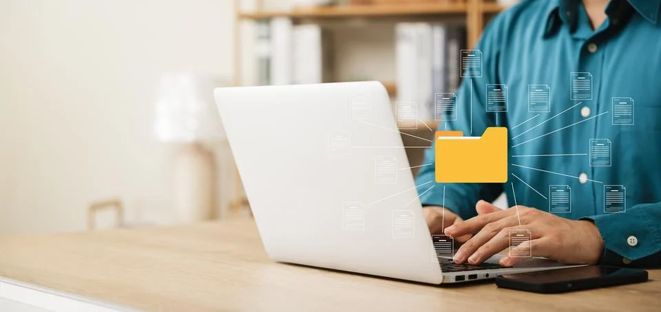 Document management concept. Virtual screen icons Document Management Syste.. Foto stock