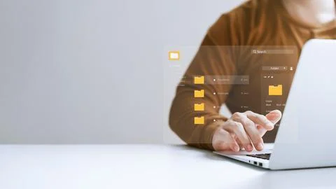 Document management concept. Virtual screen icons Document Management Syste.. Stock Photos