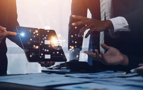 Document management concept. Virtual screen icons Document Management Syste.. 库存照片