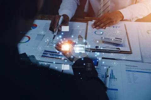 Document management concept. Virtual screen icons Document Management Syste.. Stockfoto's