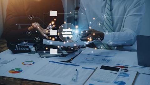 Document management concept. Virtual screen icons Document Management Syste.. 库存照片