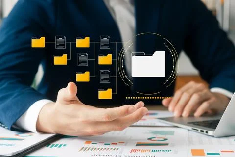 Document management concept. Virtual screen icons Document Management Syste.. Stock Photos