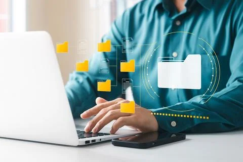 Document management concept. Virtual screen icons Document Management Syste.. Stock Photos