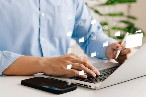 Document management concept. Virtual screen icons Document Management Syste.. 스톡 사진