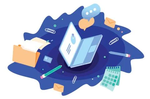 Document management, laptop with data files Stock Illustration