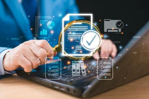 Document management service concept. Inspect check system, online document da Stock Photos