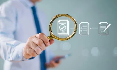 Document management service concept. Inspect check system, online document da Stock Photos