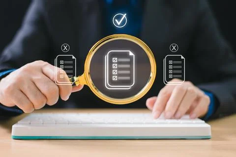 Document management service concept. Inspect check system, online document da Stock Photos