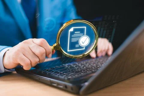 Document management service concept. Inspect check system, online document da Stock Photos