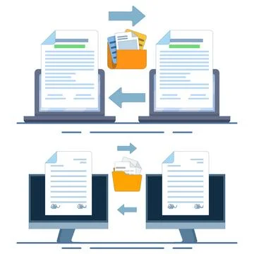 Document management set showing team collaboration, electronic file sharing 스톡 일러스트