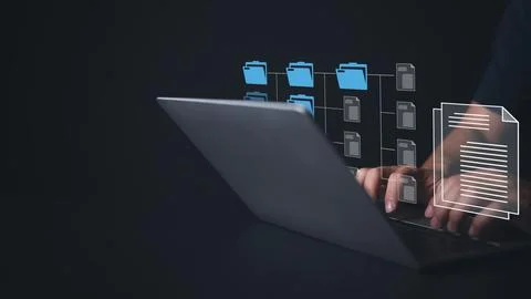 Document management system on computer with document directory. Archiving, .. Stock Photos