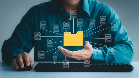 Document management system concept, business man holding folder and document  Stock Photos