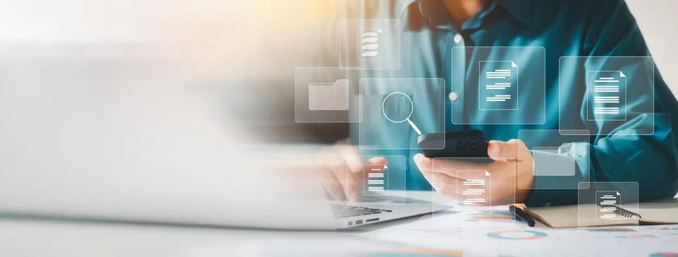 Document management system concept, business man holding folder and document  Stock Photos
