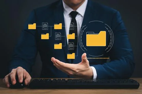 Document management system concept, business man holding folder and document  Stock Photos