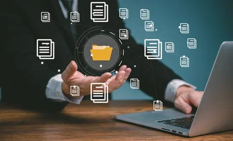 Document management system concept, business man using computer online Stock Photos