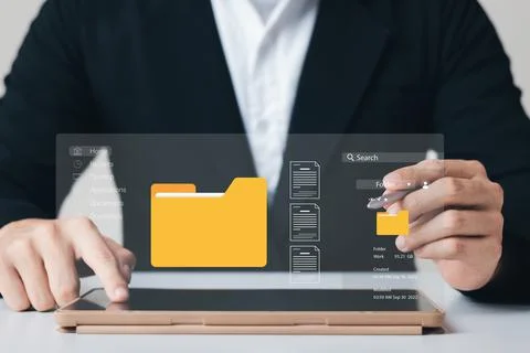 Document management system concept, business man holding folder and document  Stockfoto's