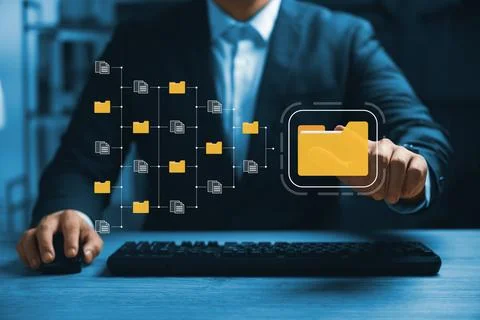 Document management system concept, business man holding folder and documen.. Stock Photos