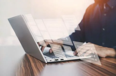 Document management system concept, business man using computer folder and .. Stock Photos