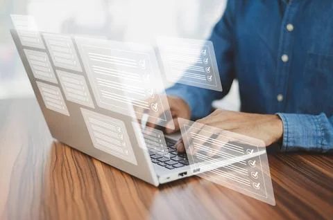 Document management system concept, business man using computer folder and .. Stock Photos