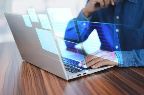 Document management system concept, business man using computer folder and .. Stock Photos