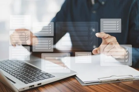 Document management system concept, business man using computer folder and .. Stock Photos