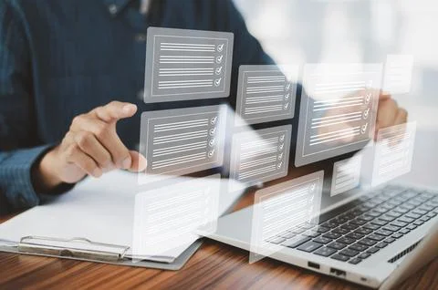 Document management system concept, business man using computer folder and .. Stock Photos