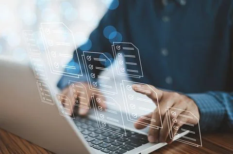 Document management system concept, business man using computer folder and .. Stock Photos
