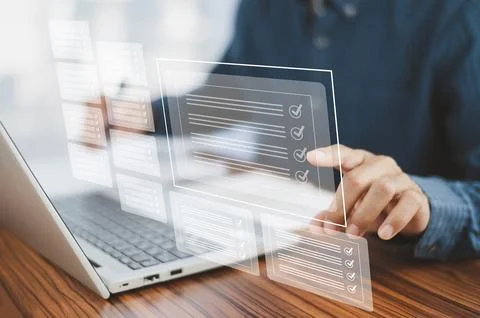 Document management system concept, business man using computer folder and .. Stock Photos