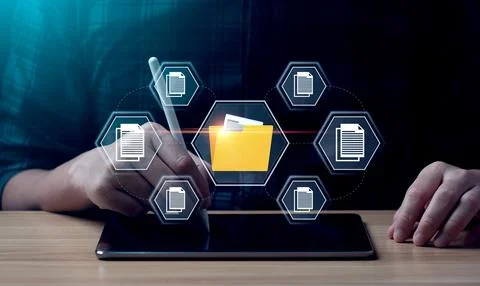 Document management system concept Businessman working on digital tablet do.. Stock Photos