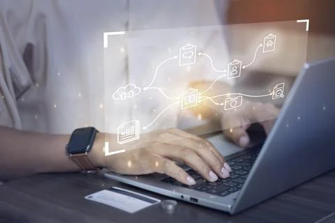 Document management system concept, data storage security, businessman usin.. Stock Photos