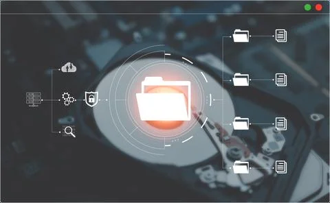 Document management system concept, document icon software, Stockfoto's