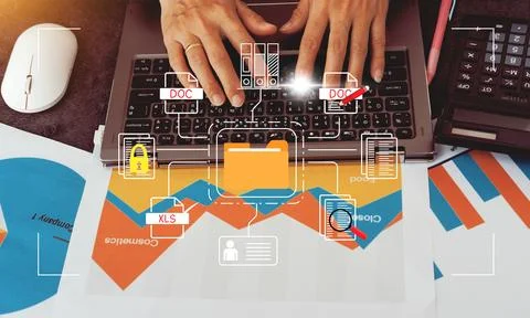 Document management system concept, folder and document icon software, sear.. Stock Photos