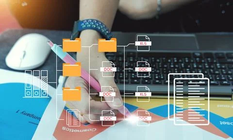 Document management system concept, folder and document icon software, sear.. Stock Photos
