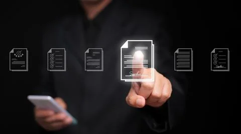 Document Management System concept. A man with his smartphone searches for .. Stockfoto's