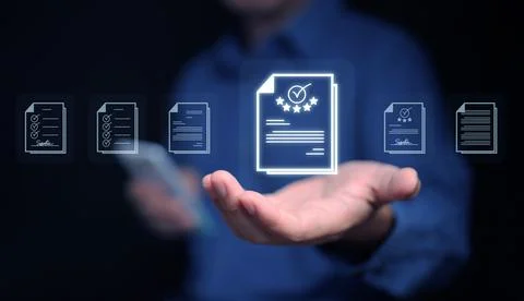 Document Management System concept. A man with his smartphone searches for .. Fotos de archivo