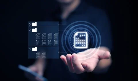 Document Management System concept. A man with his smartphone searches for .. Fotos de archivo