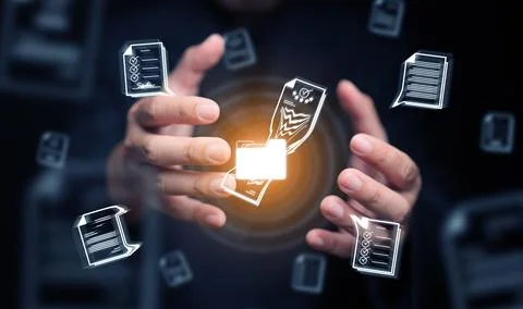 Document Management System concept. A man using DMS virtual software to col.. Stockfoto's