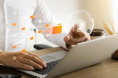 Document management system concept, virtual screen icon. Document Storage Sys Stock Photos