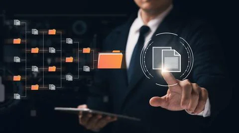 Document management system concept, virtual screen icon. Document Storage Sys Stock Photos