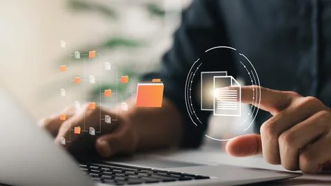 Document management system concept, virtual screen icon. Document Storage S.. Stock Photos